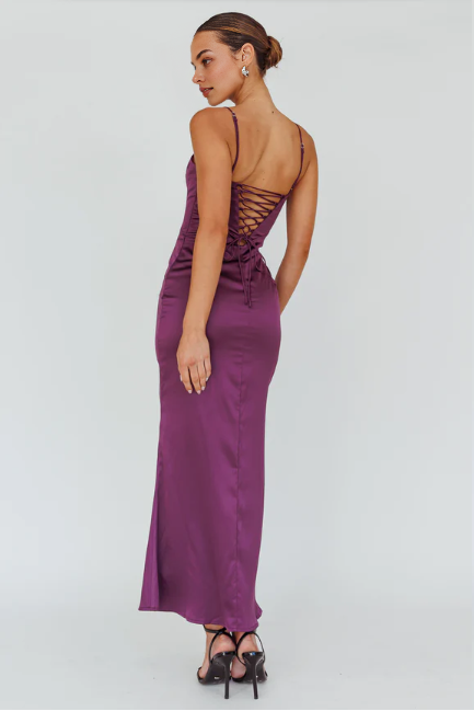 Vestido largo Weitese con tirantes finos y espalda con cordones, vestido de fiesta sin mangas en color ciruela